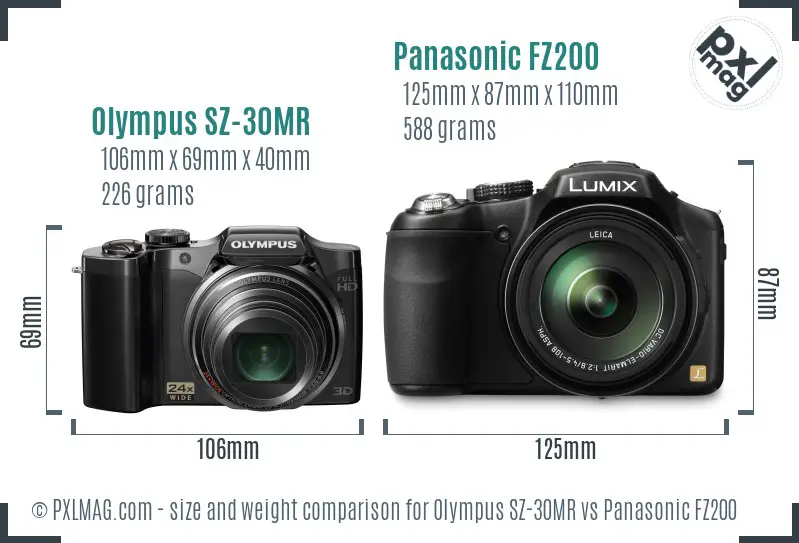 Olympus SZ-30MR vs Panasonic FZ200 size comparison