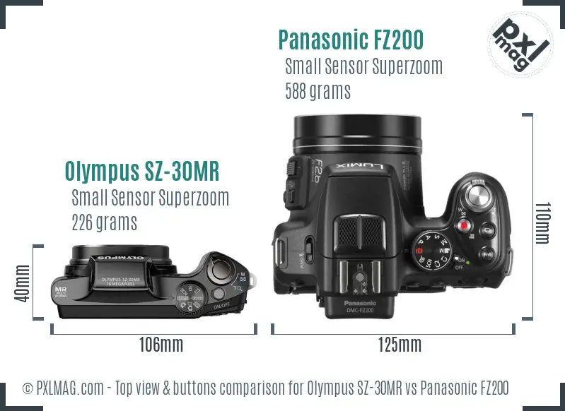 Olympus SZ-30MR vs Panasonic FZ200 top view buttons comparison