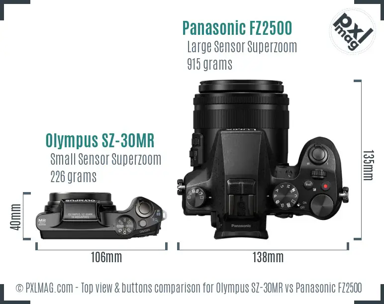 Olympus SZ-30MR vs Panasonic FZ2500 top view buttons comparison