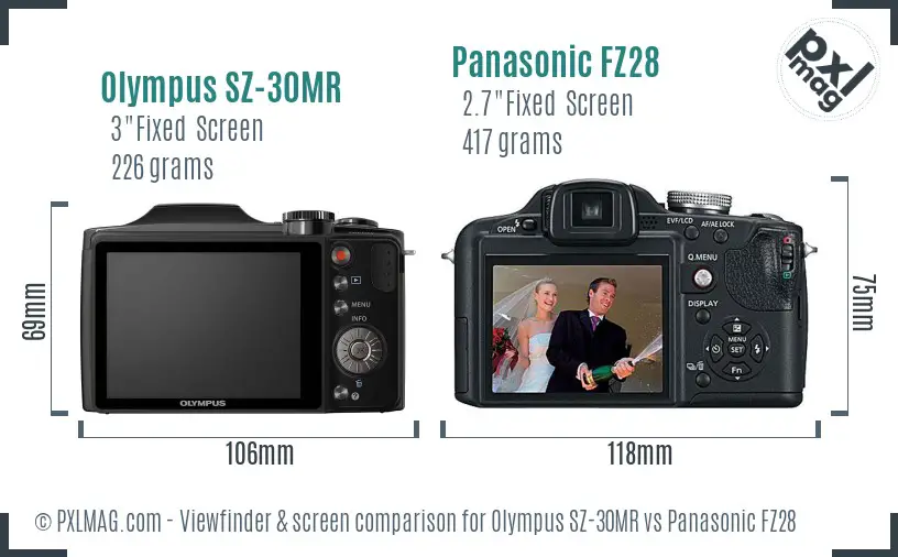 Olympus SZ-30MR vs Panasonic FZ28 Screen and Viewfinder comparison