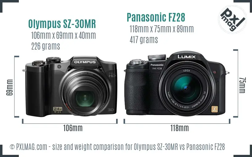 Olympus SZ-30MR vs Panasonic FZ28 size comparison