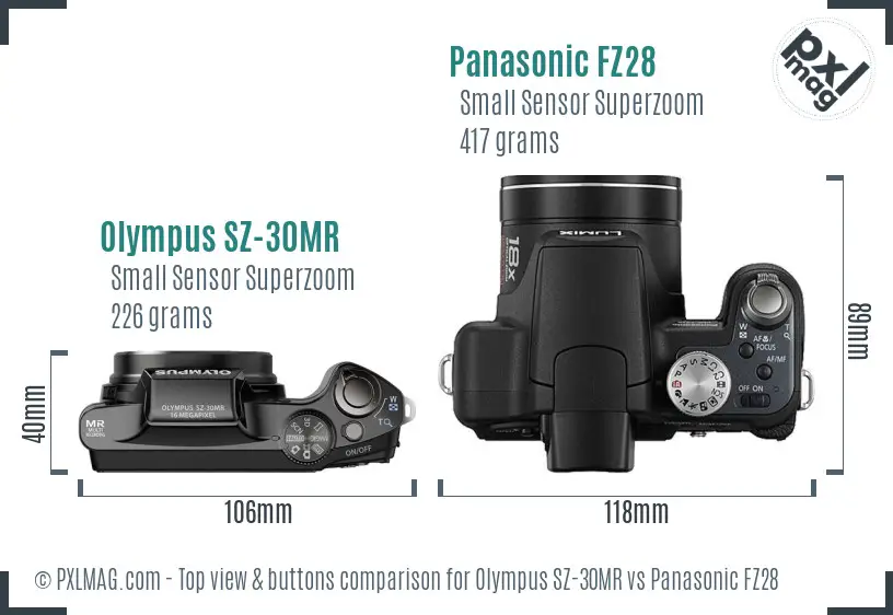 Olympus SZ-30MR vs Panasonic FZ28 top view buttons comparison