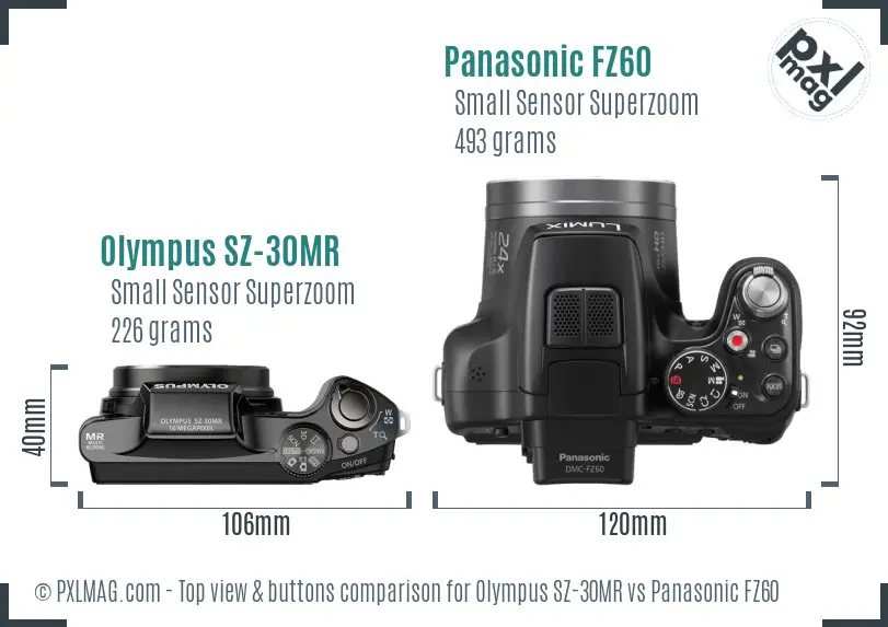 Olympus SZ-30MR vs Panasonic FZ60 top view buttons comparison