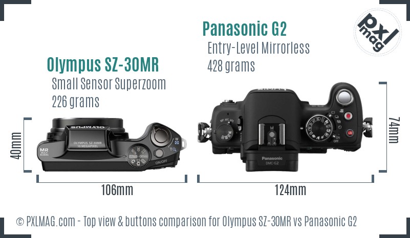 Olympus SZ-30MR vs Panasonic G2 top view buttons comparison