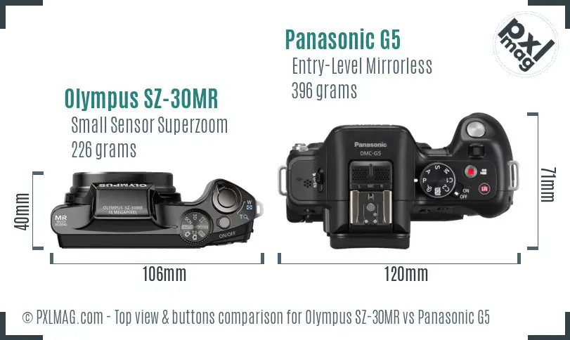 Olympus SZ-30MR vs Panasonic G5 top view buttons comparison