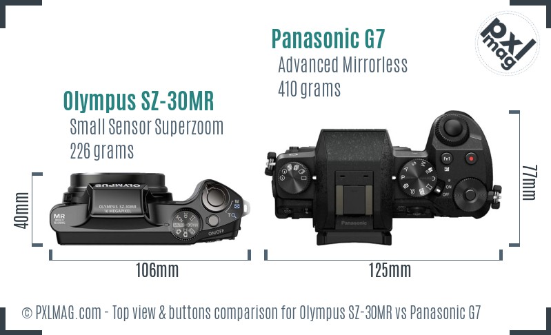 Olympus SZ-30MR vs Panasonic G7 top view buttons comparison
