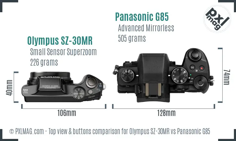 Olympus SZ-30MR vs Panasonic G85 top view buttons comparison