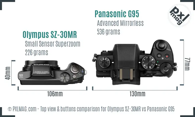 Olympus SZ-30MR vs Panasonic G95 top view buttons comparison Olympus SZ-30MR vs Panasonic G95 top view buttons comparison