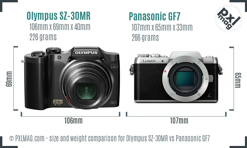 Olympus SZ-30MR vs Panasonic GF7 size comparison