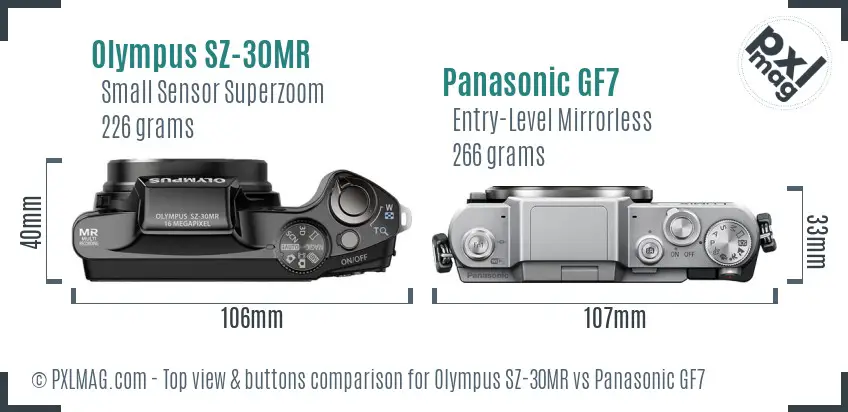 Olympus SZ-30MR vs Panasonic GF7 top view buttons comparison