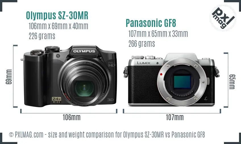 Olympus SZ-30MR vs Panasonic GF8 size comparison