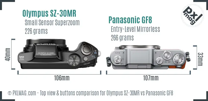 Olympus SZ-30MR vs Panasonic GF8 top view buttons comparison