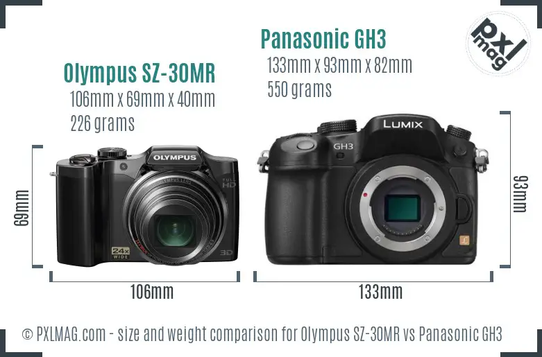 Olympus SZ-30MR vs Panasonic GH3 size comparison