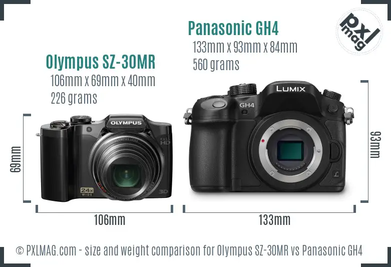 Olympus SZ-30MR vs Panasonic GH4 size comparison