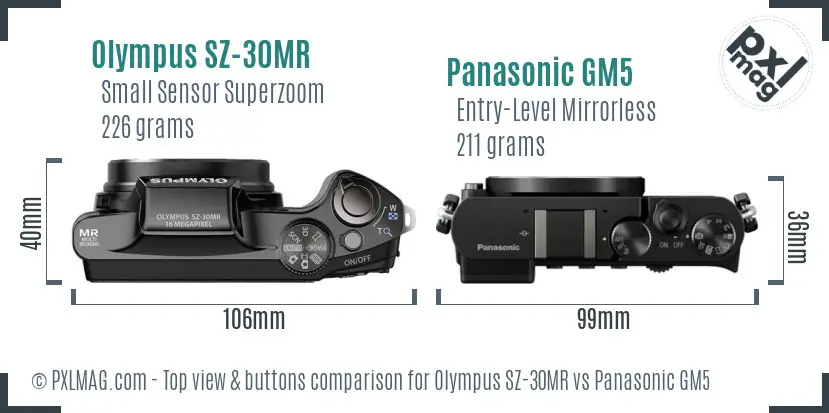 Olympus SZ-30MR vs Panasonic GM5 top view buttons comparison