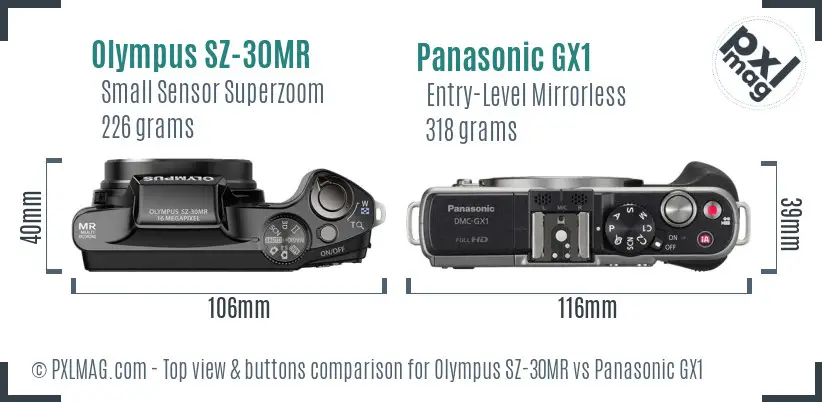 Olympus SZ-30MR vs Panasonic GX1 top view buttons comparison