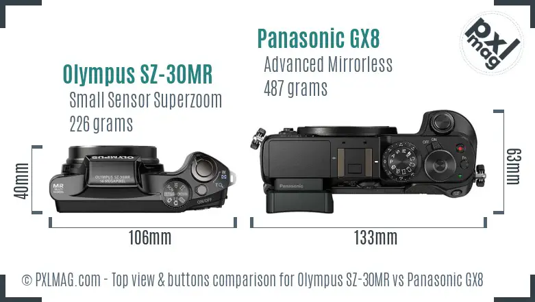 Olympus SZ-30MR vs Panasonic GX8 top view buttons comparison