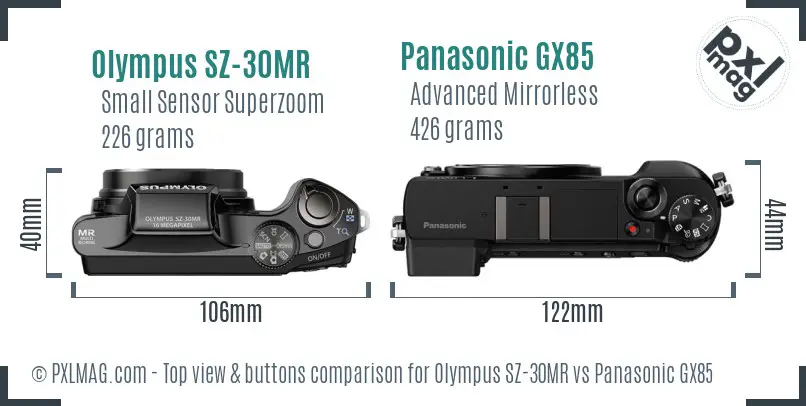Olympus SZ-30MR vs Panasonic GX85 top view buttons comparison Olympus SZ-30MR vs Panasonic GX85 top view buttons comparison