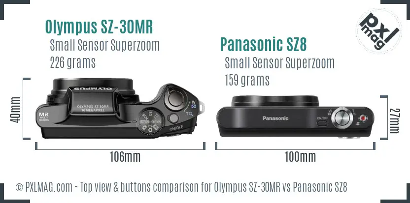 Olympus SZ-30MR vs Panasonic SZ8 top view buttons comparison Olympus SZ-30MR vs Panasonic SZ8 top view buttons comparison