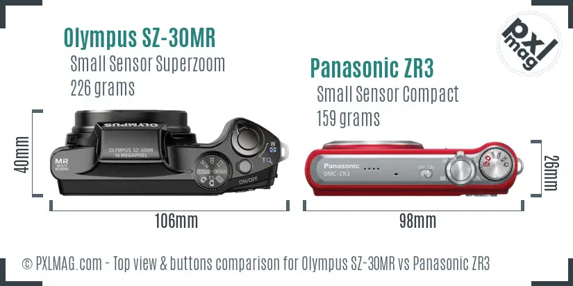 Olympus SZ-30MR vs Panasonic ZR3 top view buttons comparison