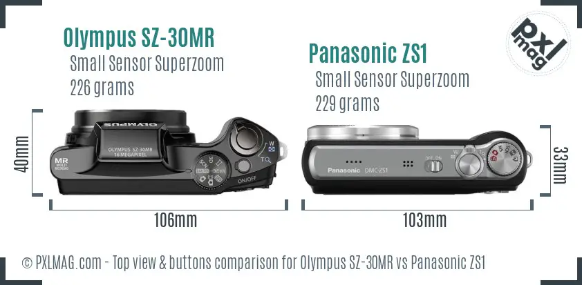 Olympus SZ-30MR vs Panasonic ZS1 top view buttons comparison