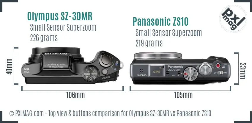 Olympus SZ-30MR vs Panasonic ZS10 top view buttons comparison
