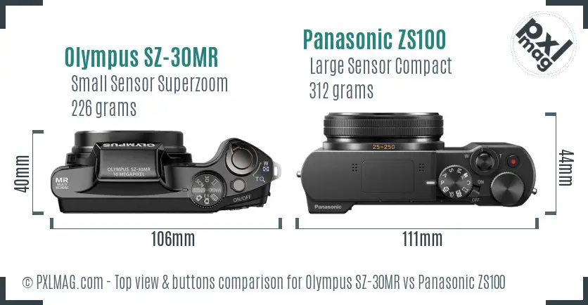 Olympus SZ-30MR vs Panasonic ZS100 top view buttons comparison