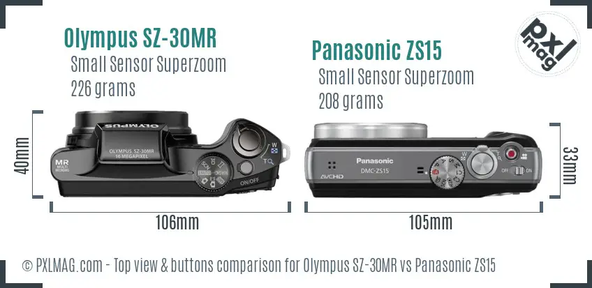 Olympus SZ-30MR vs Panasonic ZS15 top view buttons comparison