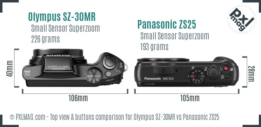 Olympus SZ-30MR vs Panasonic ZS25 top view buttons comparison