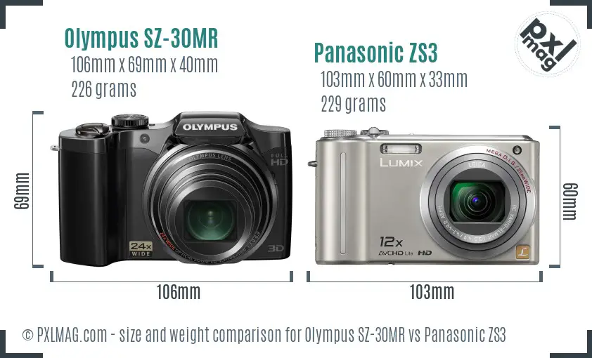 Olympus SZ-30MR vs Panasonic ZS3 size comparison