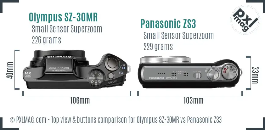 Olympus SZ-30MR vs Panasonic ZS3 top view buttons comparison