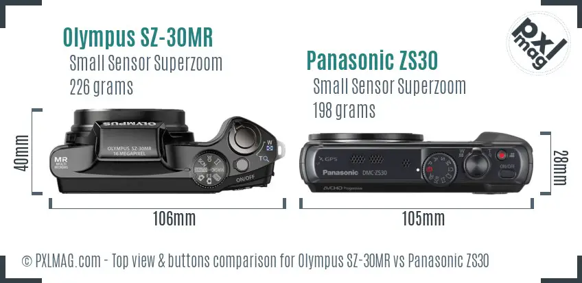 Olympus SZ-30MR vs Panasonic ZS30 top view buttons comparison
