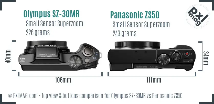 Olympus SZ-30MR vs Panasonic ZS50 top view buttons comparison
