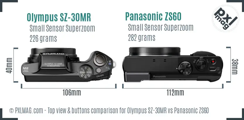 Olympus SZ-30MR vs Panasonic ZS60 top view buttons comparison