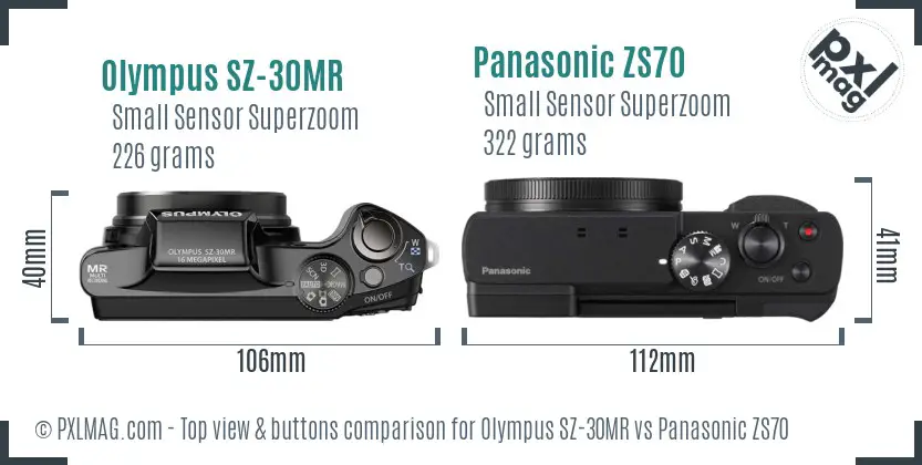 Olympus SZ-30MR vs Panasonic ZS70 top view buttons comparison
