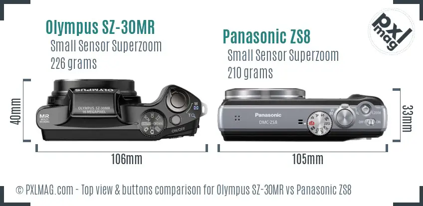 Olympus SZ-30MR vs Panasonic ZS8 top view buttons comparison