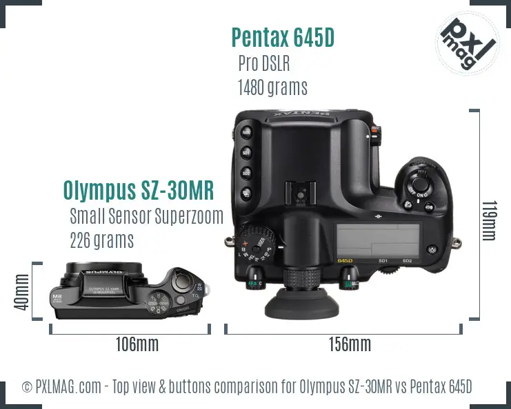 Olympus SZ-30MR vs Pentax 645D top view buttons comparison