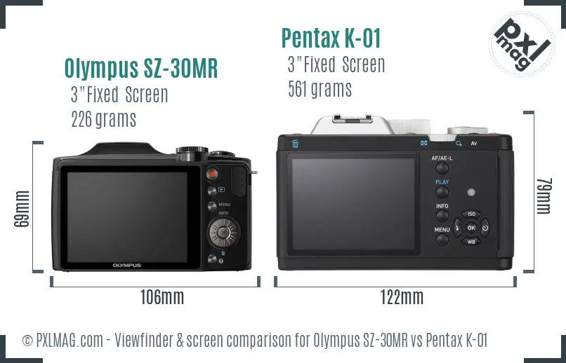 Olympus SZ-30MR vs Pentax K-01 Screen and Viewfinder comparison