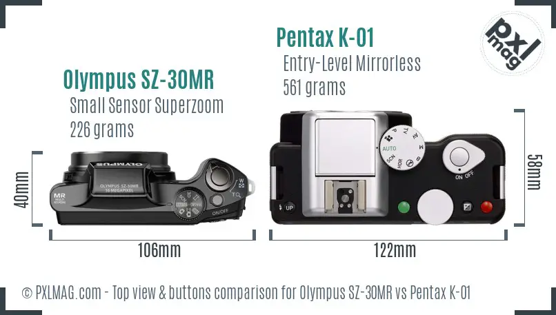 Olympus SZ-30MR vs Pentax K-01 top view buttons comparison