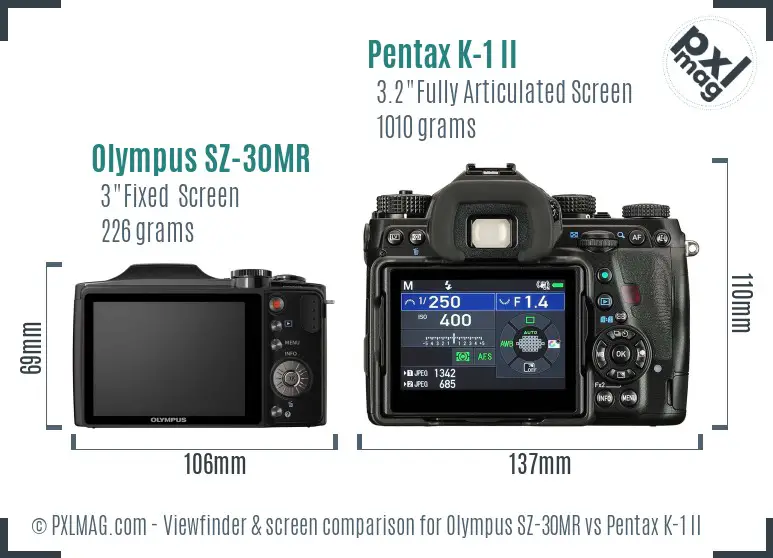 Olympus SZ-30MR vs Pentax K-1 II Screen and Viewfinder comparison