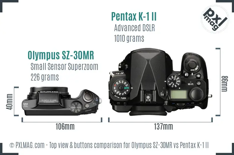 Olympus SZ-30MR vs Pentax K-1 II top view buttons comparison