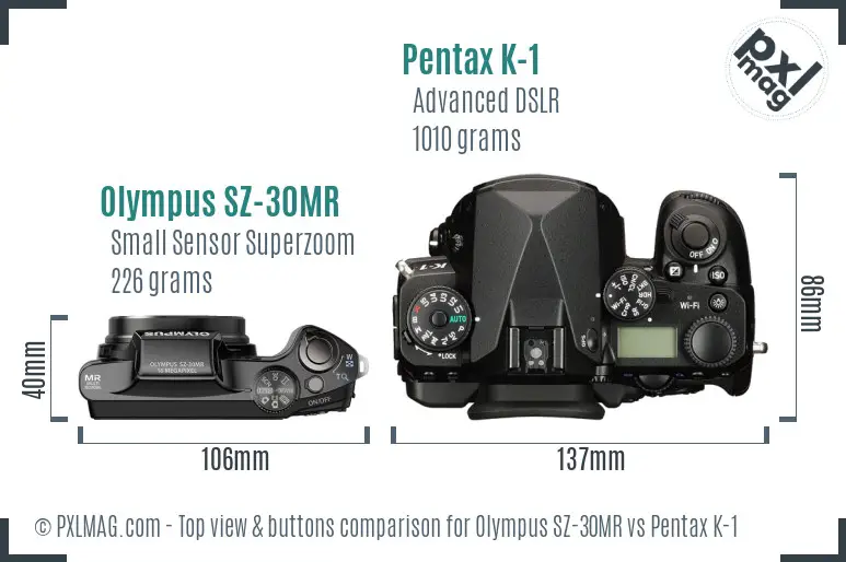 Olympus SZ-30MR vs Pentax K-1 top view buttons comparison