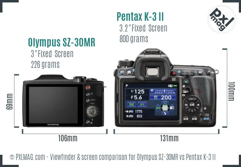 Olympus SZ-30MR vs Pentax K-3 II Screen and Viewfinder comparison