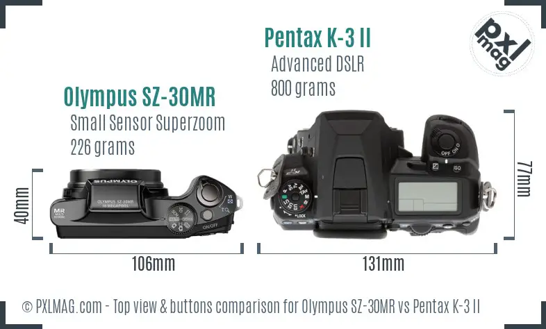 Olympus SZ-30MR vs Pentax K-3 II top view buttons comparison