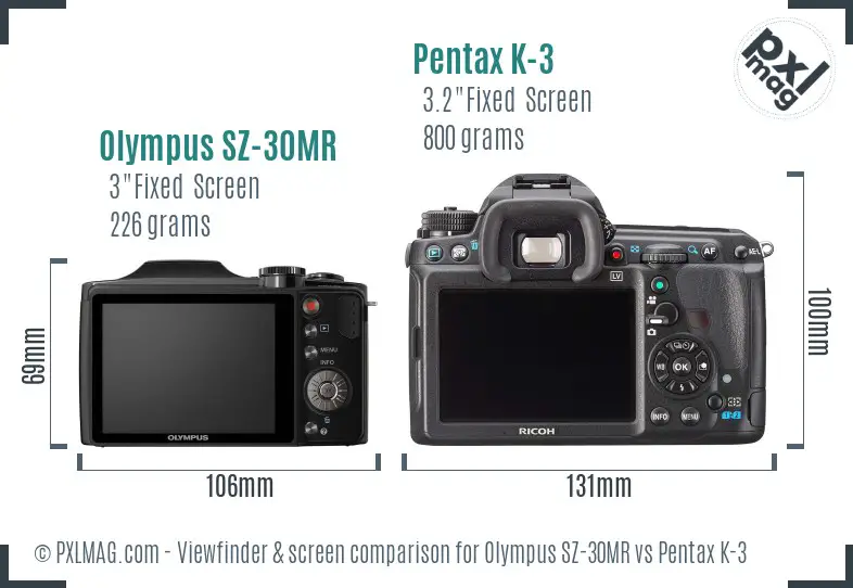 Olympus SZ-30MR vs Pentax K-3 Screen and Viewfinder comparison
