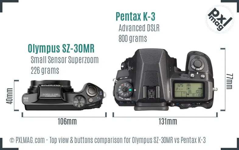 Olympus SZ-30MR vs Pentax K-3 top view buttons comparison