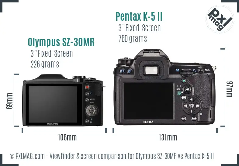 Olympus SZ-30MR vs Pentax K-5 II Screen and Viewfinder comparison