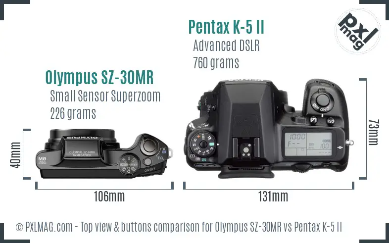 Olympus SZ-30MR vs Pentax K-5 II top view buttons comparison