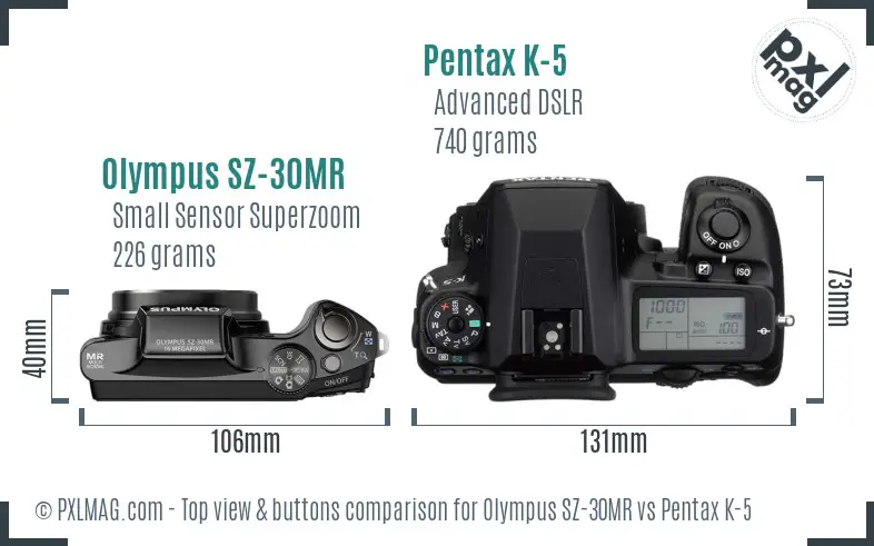 Olympus SZ-30MR vs Pentax K-5 top view buttons comparison