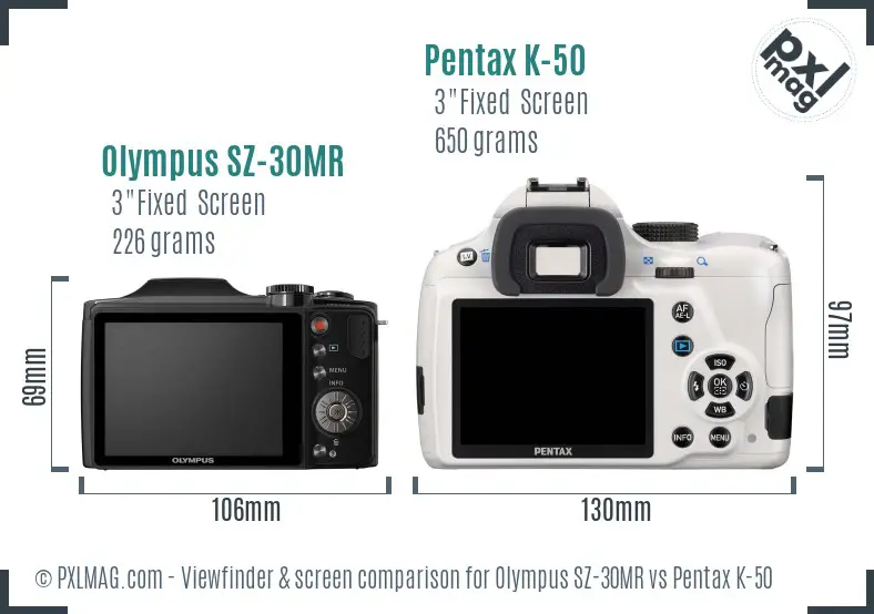 Olympus SZ-30MR vs Pentax K-50 Screen and Viewfinder comparison